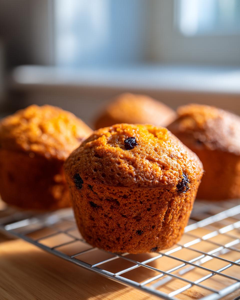 Close-up of golden brown honey bran muffins cooling on a wire rack indoors.