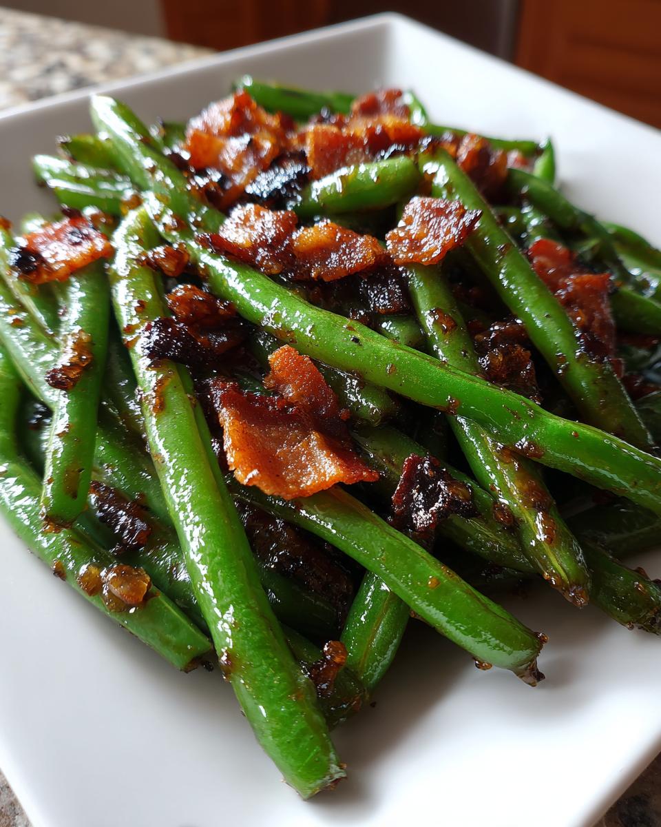 A close-up of glossy, bright green beans tossed in a sticky sauce and topped with crispy bacon pieces, featuring the amazing honey garlic green beans.