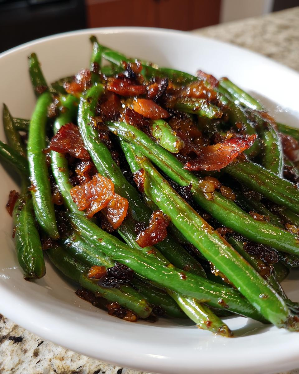 Close-up of vibrant green beans coated in a glossy honey garlic sauce and topped with crispy bacon pieces.