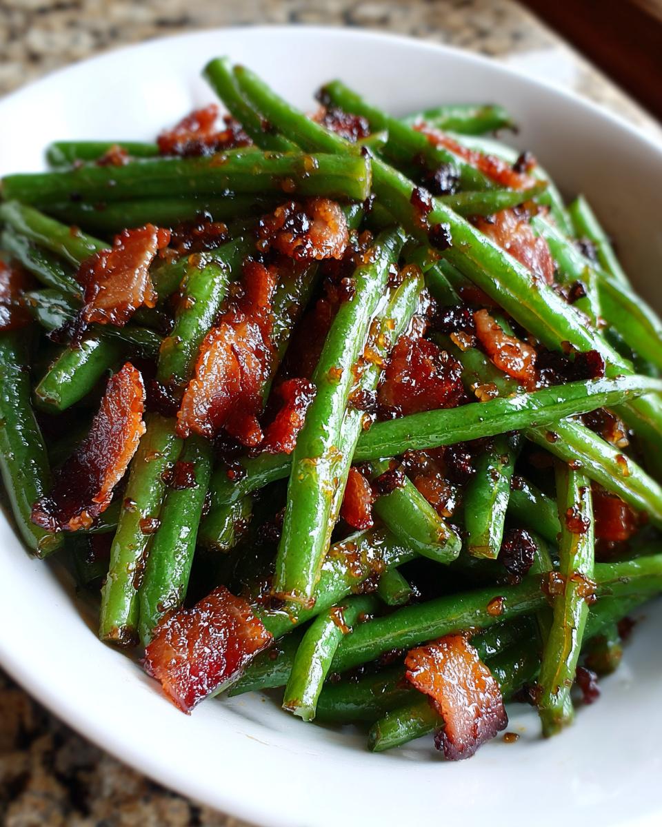 Close-up of bright green beans coated in a glossy honey garlic sauce and topped with crispy bacon pieces.