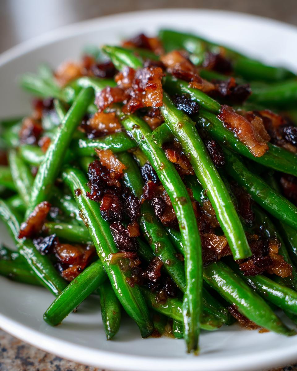 A close-up shot of vibrant green beans tossed in a glaze and topped with crispy bacon bits, showcasing the amazing honey garlic green beans.