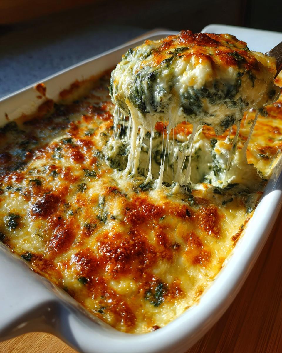 A spoonful of hot, cheesy spinach artichoke dip being lifted from a baking dish, showing long cheese pulls.