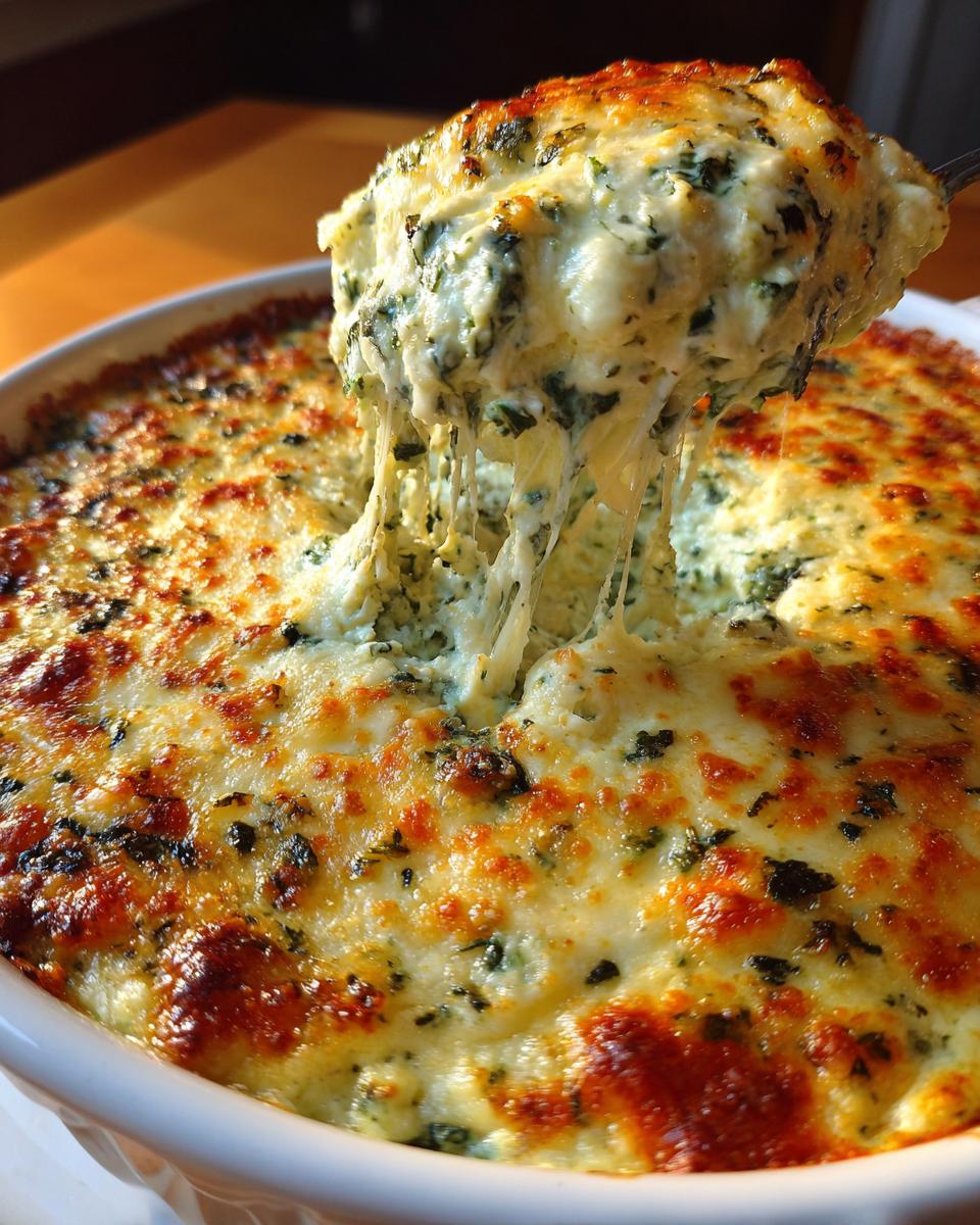 A spoonful of hot, cheesy spinach artichoke dip is lifted, showing long, gooey cheese pulls over the baked dip.