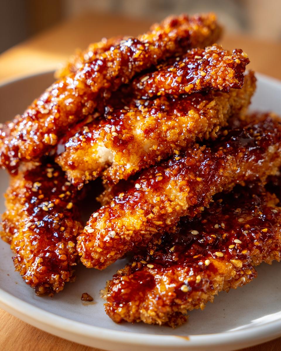 A close-up stack of crispy hot honey chicken tenders generously coated in a shiny, dark glaze and sesame seeds.