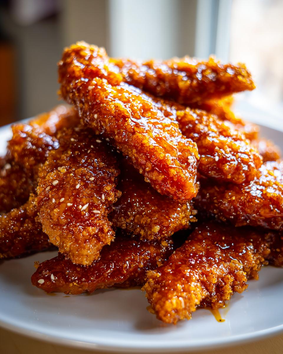 A close-up of crispy, glazed hot honey chicken tenders piled high on a white plate, sprinkled with sesame seeds.