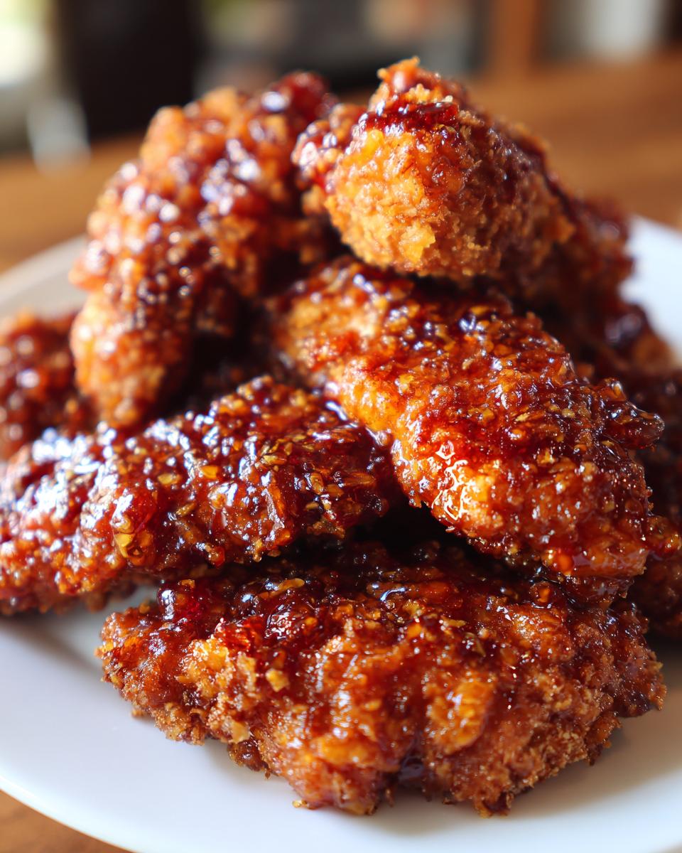 Close-up of crispy, glazed hot honey chicken tenders piled high on a white plate.