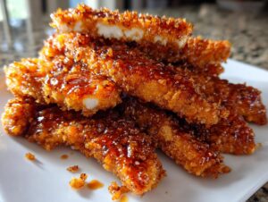 A stack of crispy, golden-brown hot honey chicken tenders glistening with a sweet and spicy glaze.