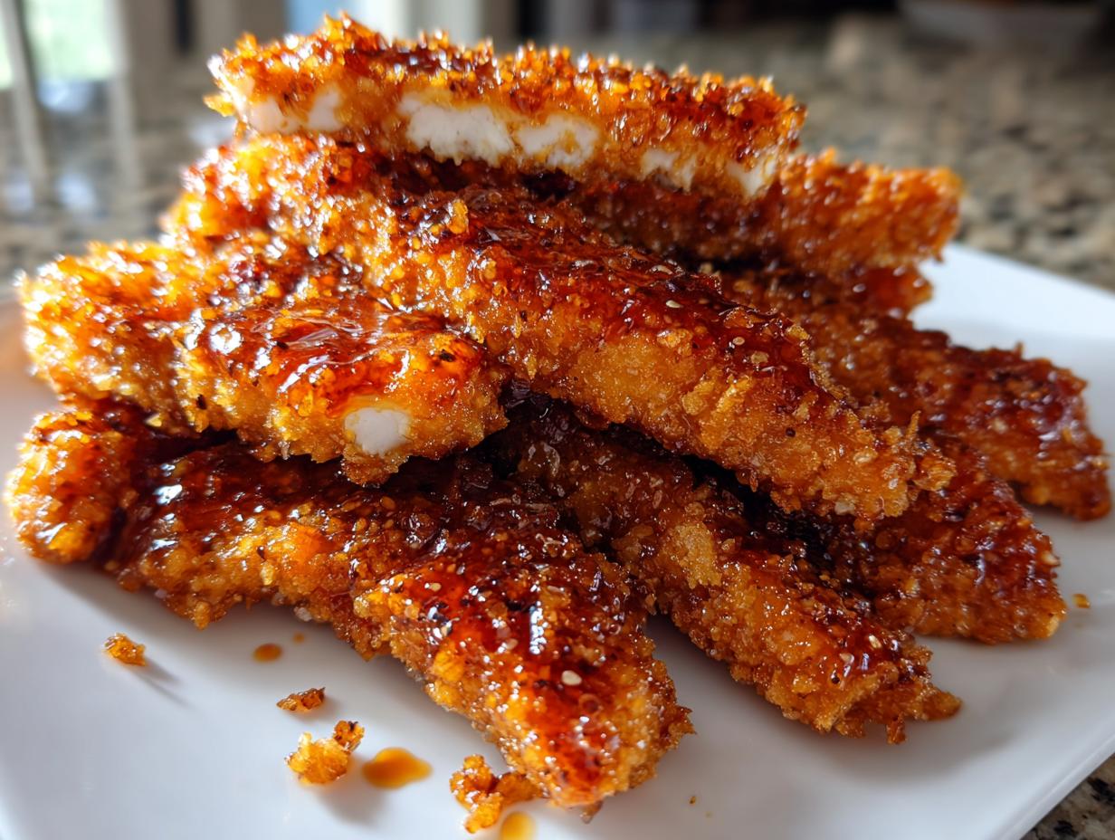 A stack of crispy, golden-brown hot honey chicken tenders glistening with a sweet and spicy glaze.