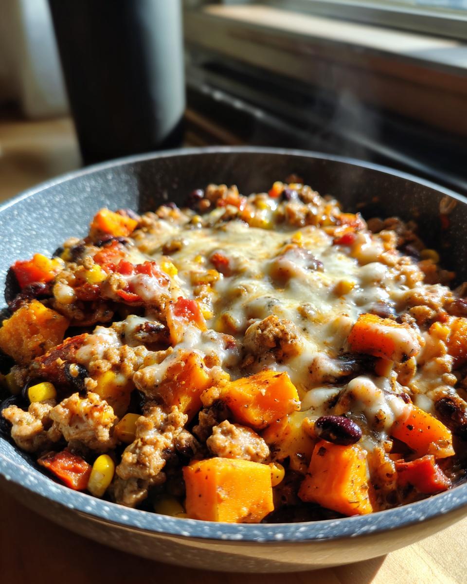 Close-up of a steaming sweet potato skillet filled with ground meat, corn, beans, and topped with melted white cheese.