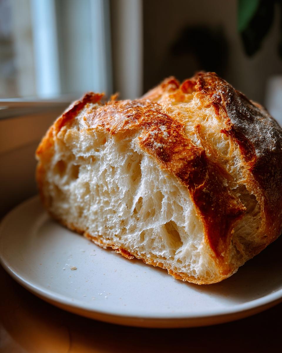 Close-up of the airy, open crumb structure inside a freshly baked piece of Italian bread.