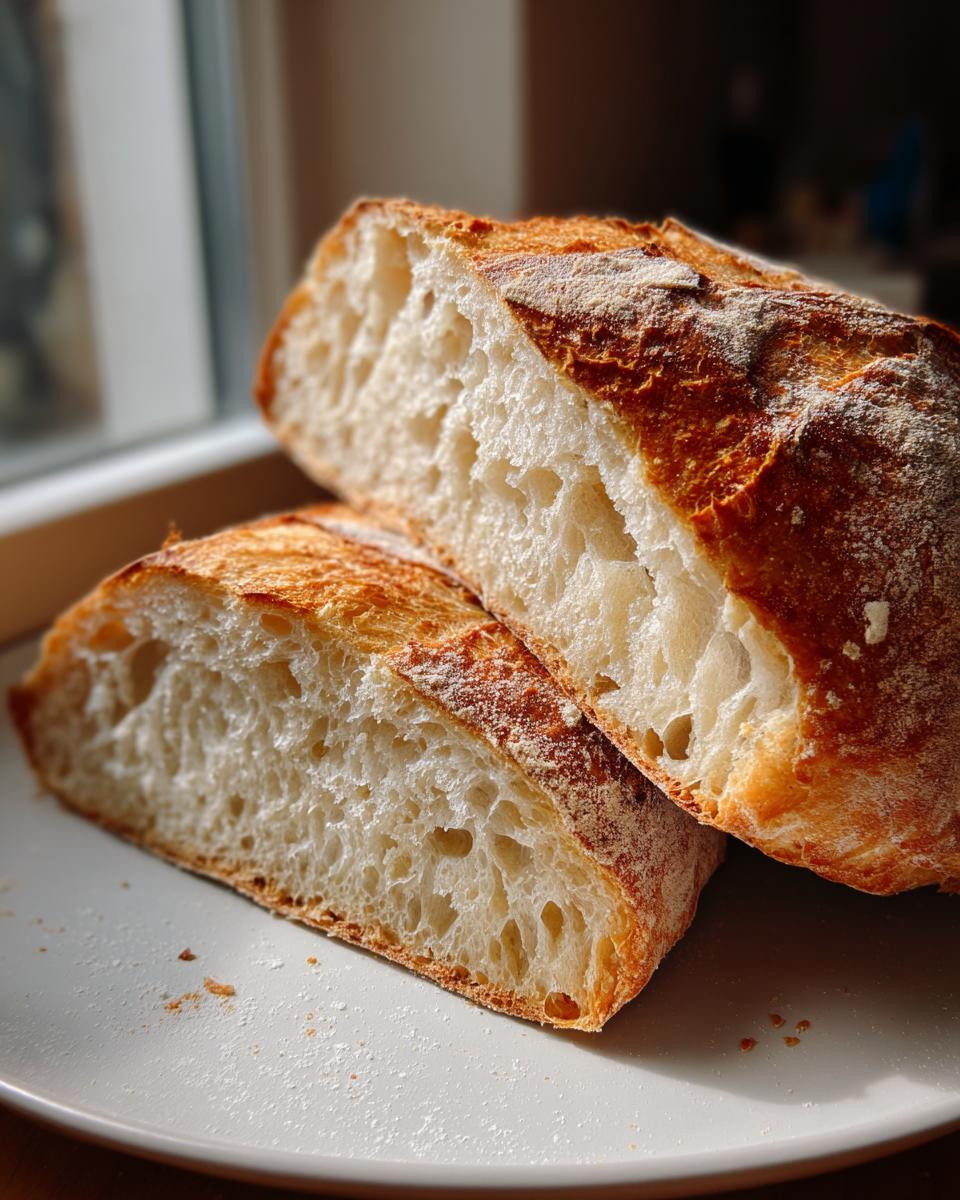 Close-up of two halves of freshly baked Italian bread showing the airy, open crumb structure.