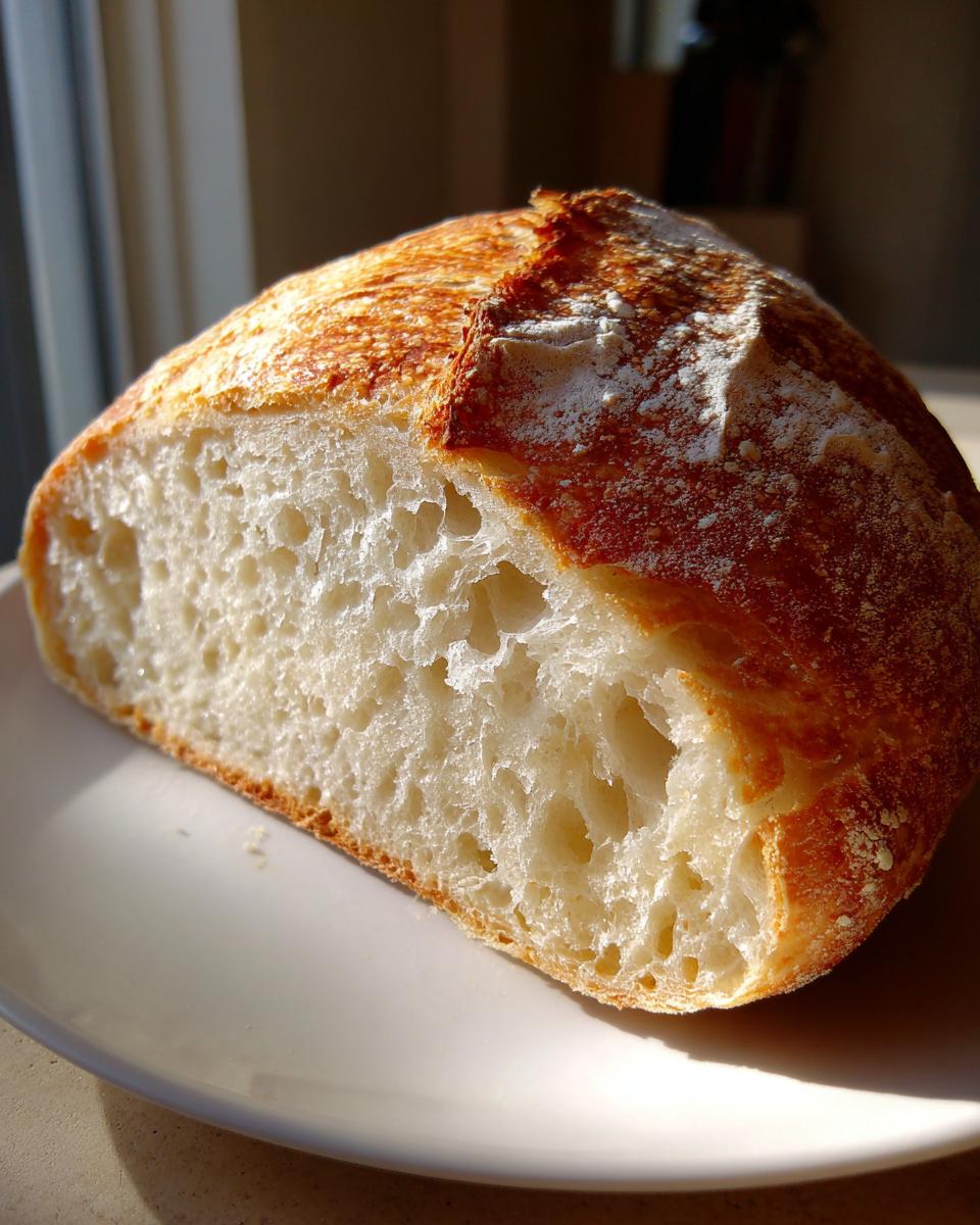 Close-up of a freshly baked Italian bread slice showing the airy, open crumb structure and golden crust.