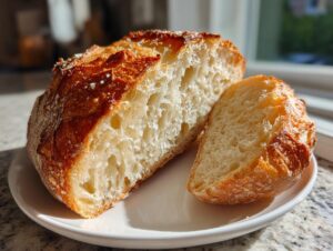 Cross-section of homemade Italian bread showing an open, airy crumb and a golden, crusty exterior.