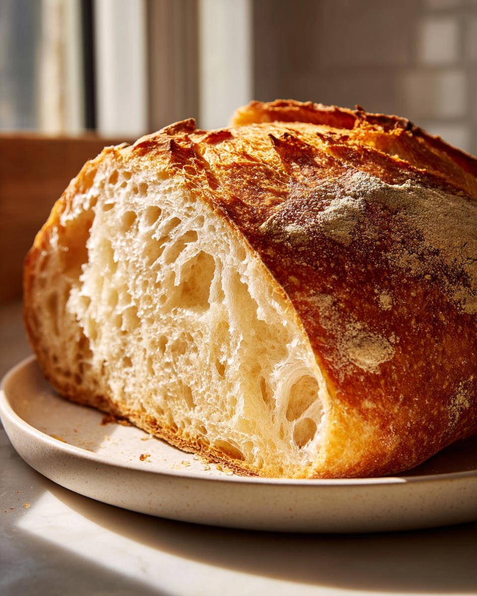 Close-up of a freshly baked Italian bread loaf cut in half, showing an airy, open crumb structure and golden crust.