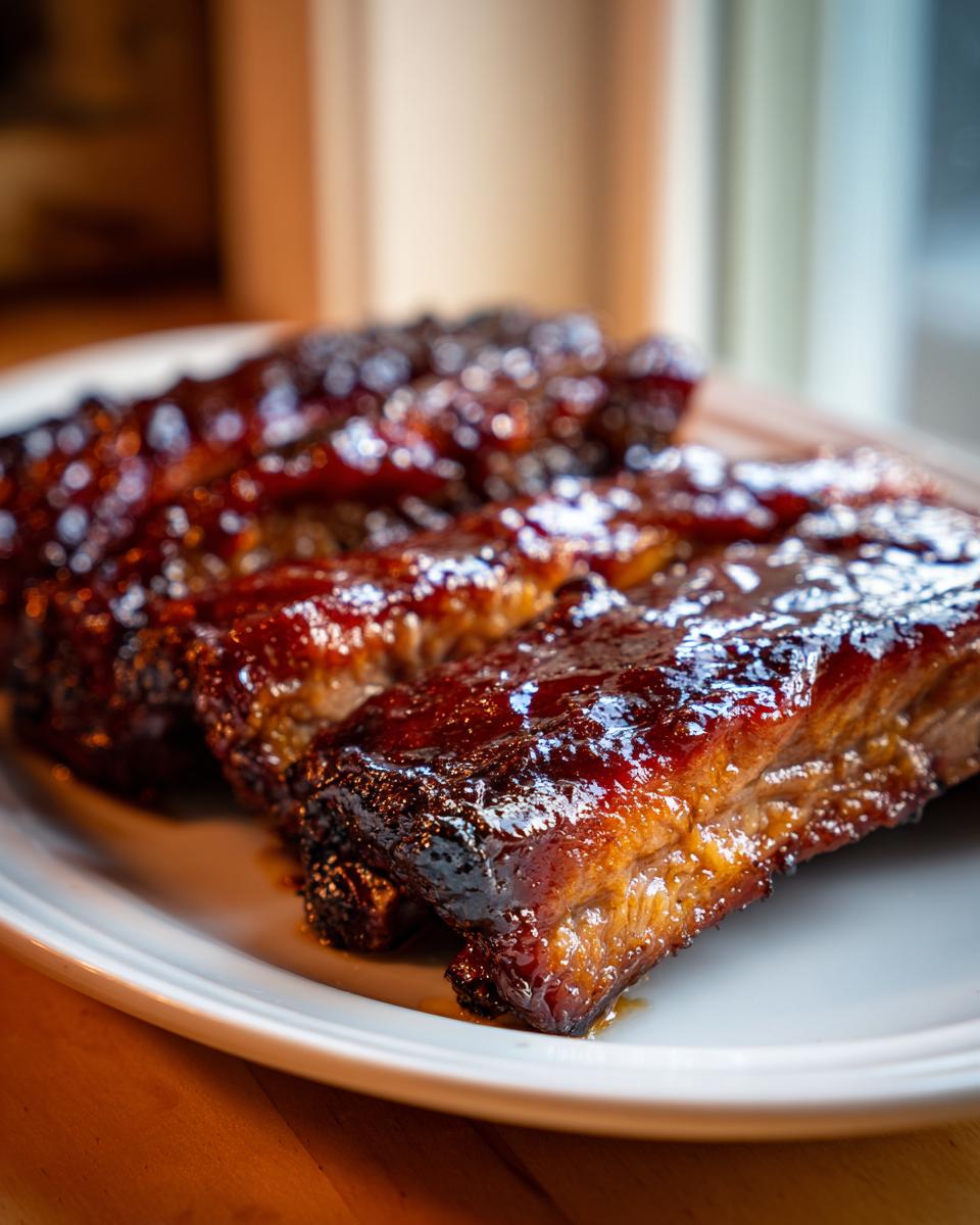 Close-up of juicy, glazed pork steak pieces served on a white plate, glistening with sauce.