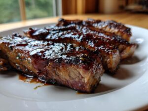 Three thick, glazed pork steak recipe cuts resting on a white plate, showing a rich, dark caramelization.