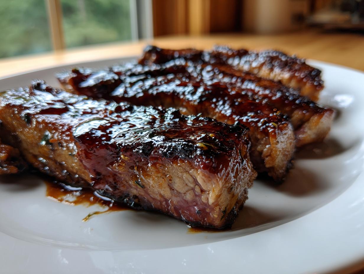 Three thick, glazed pork steak recipe cuts resting on a white plate, showing a rich, dark caramelization.