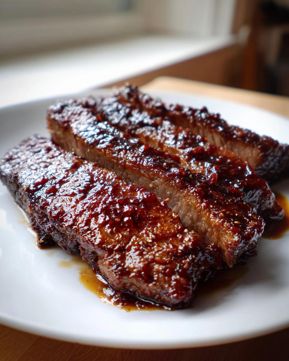 Three thick slices of juicy pork steak recipe covered in a rich, dark, glossy glaze, served on a white plate.