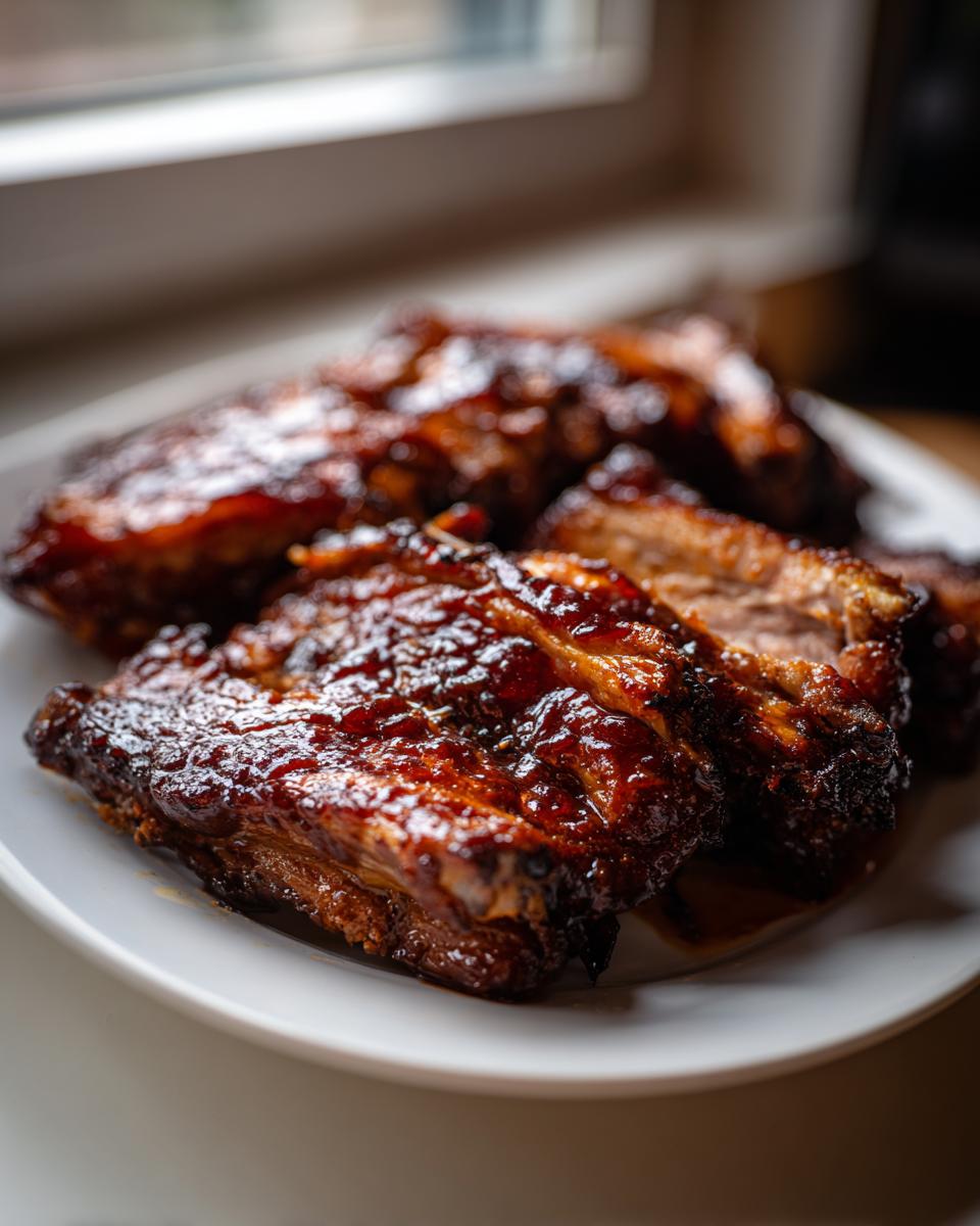 Close-up of juicy, glazed pork steak pieces served on a white plate, showing caramelized sauce.