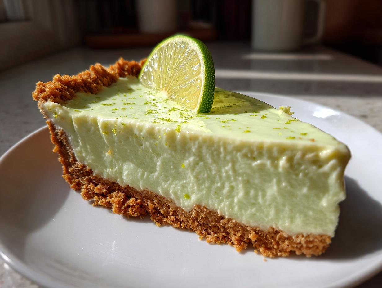 A close-up of a thick slice of creamy key lime cheesecake with a graham cracker crust, topped with lime zest and a lime wheel.