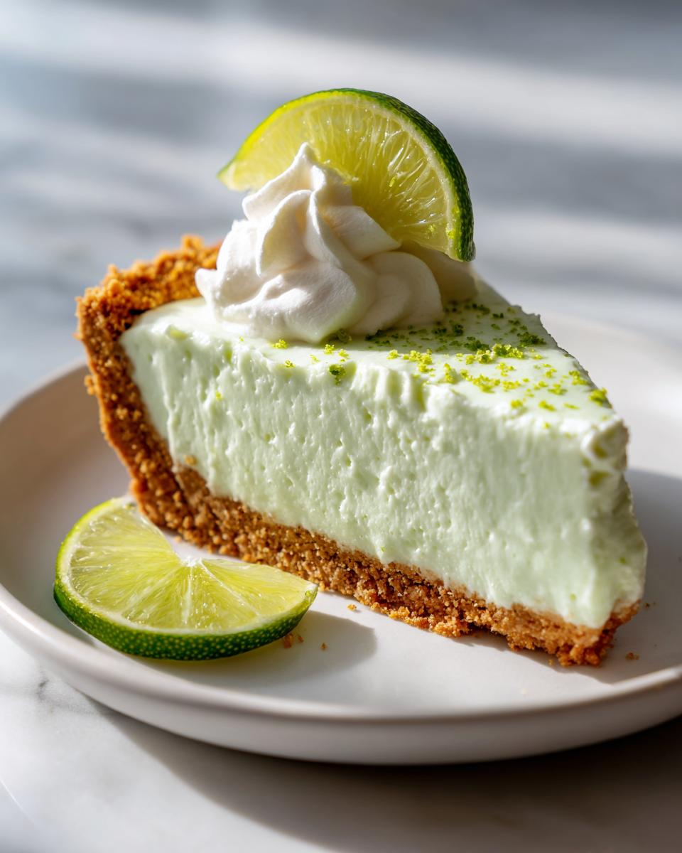 A perfect slice of key lime cheesecake with a graham cracker crust, topped with whipped cream and a lime wedge.