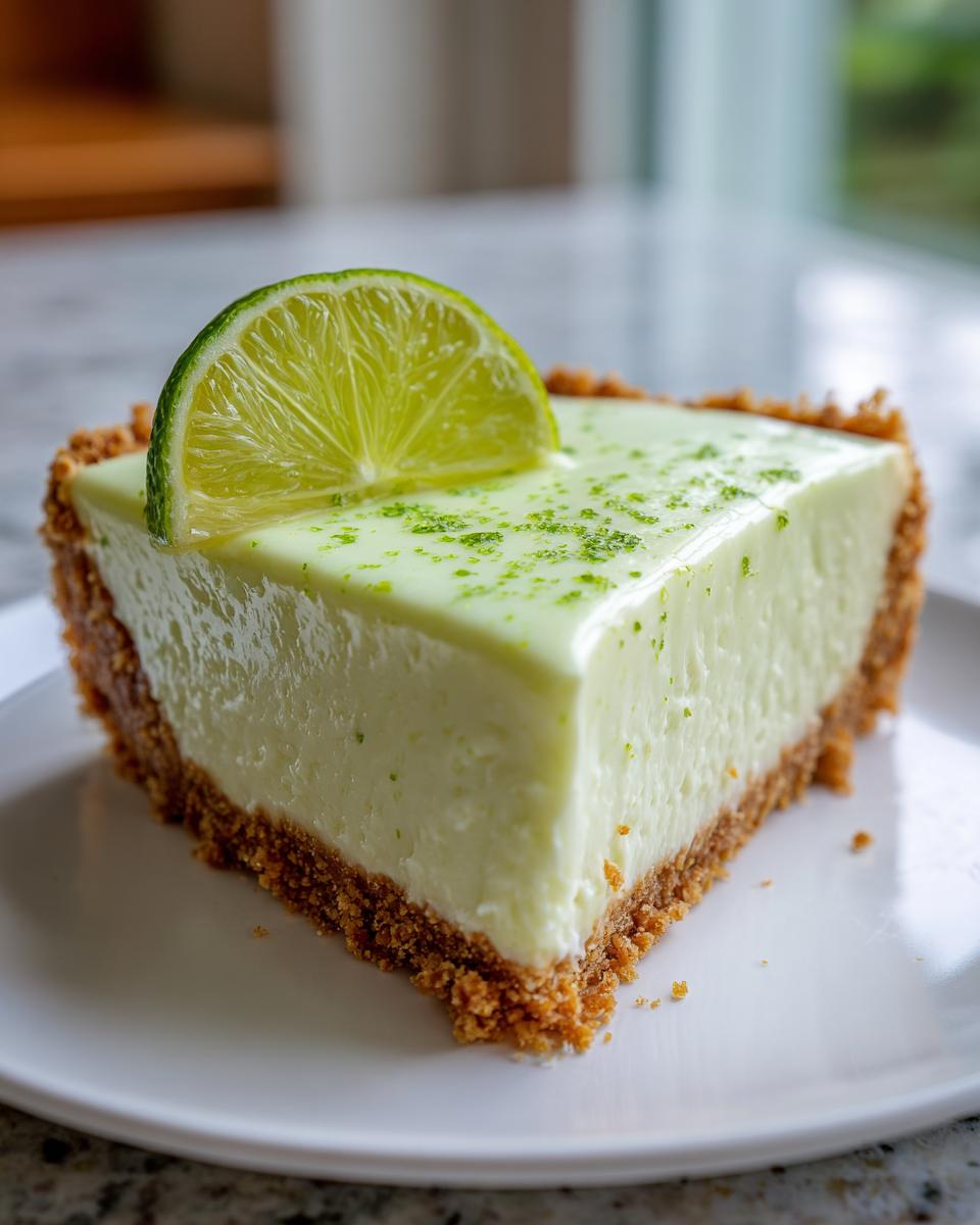 A perfect slice of creamy key lime cheesecake with a graham cracker crust, topped with lime zest and a fresh lime slice.