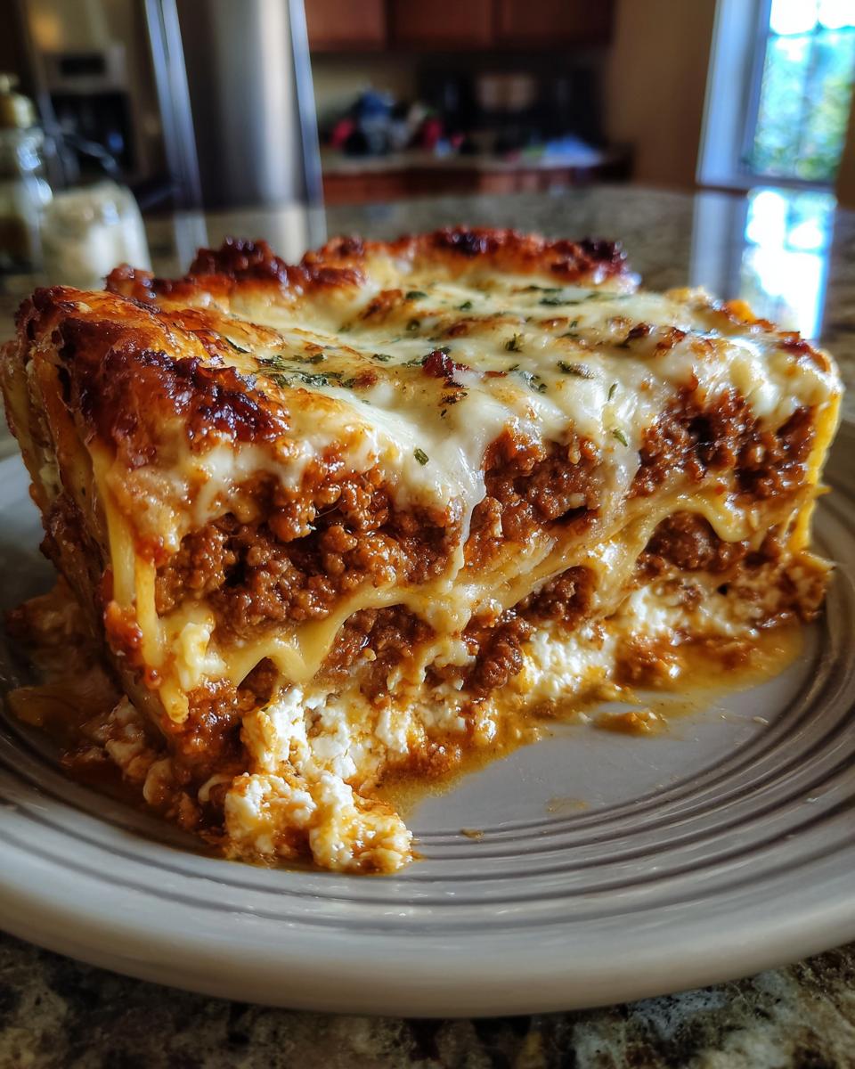 A thick, cheesy slice of lasagna with cottage cheese and rich meat sauce, baked golden brown.