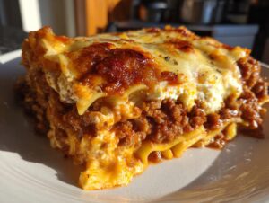 A close-up, mouthwatering slice of Lasagna with Cottage Cheese showing layers of pasta, rich meat sauce, and creamy white cheese filling.