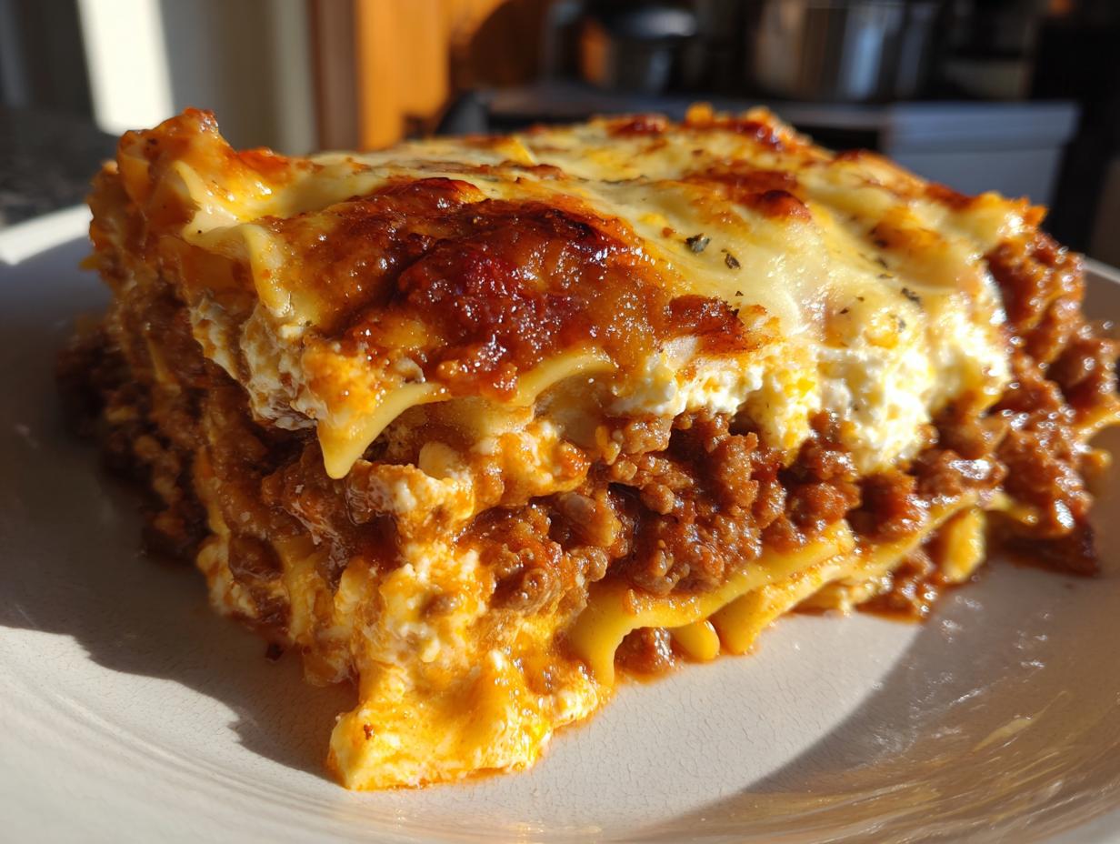 A close-up, mouthwatering slice of Lasagna with Cottage Cheese showing layers of pasta, rich meat sauce, and creamy white cheese filling.