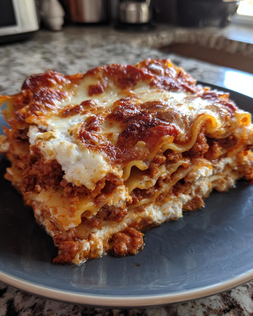 Close-up of a thick, layered slice of Lasagna with Cottage Cheese showing browned cheese and rich meat sauce.