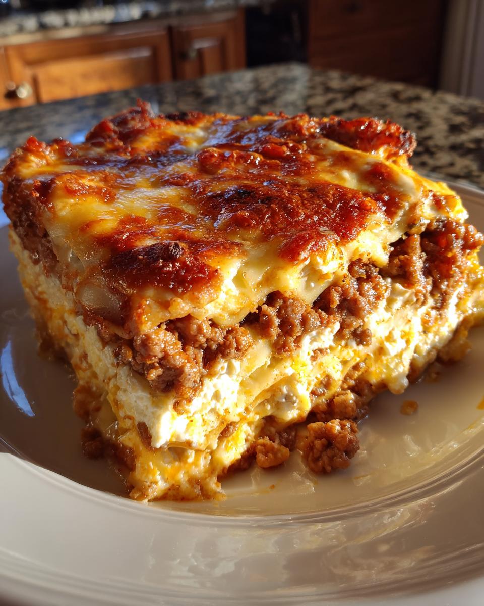 A thick, layered slice of Lasagna with Cottage Cheese showing rich meat sauce, white cheese layers, and a bubbly, browned top.