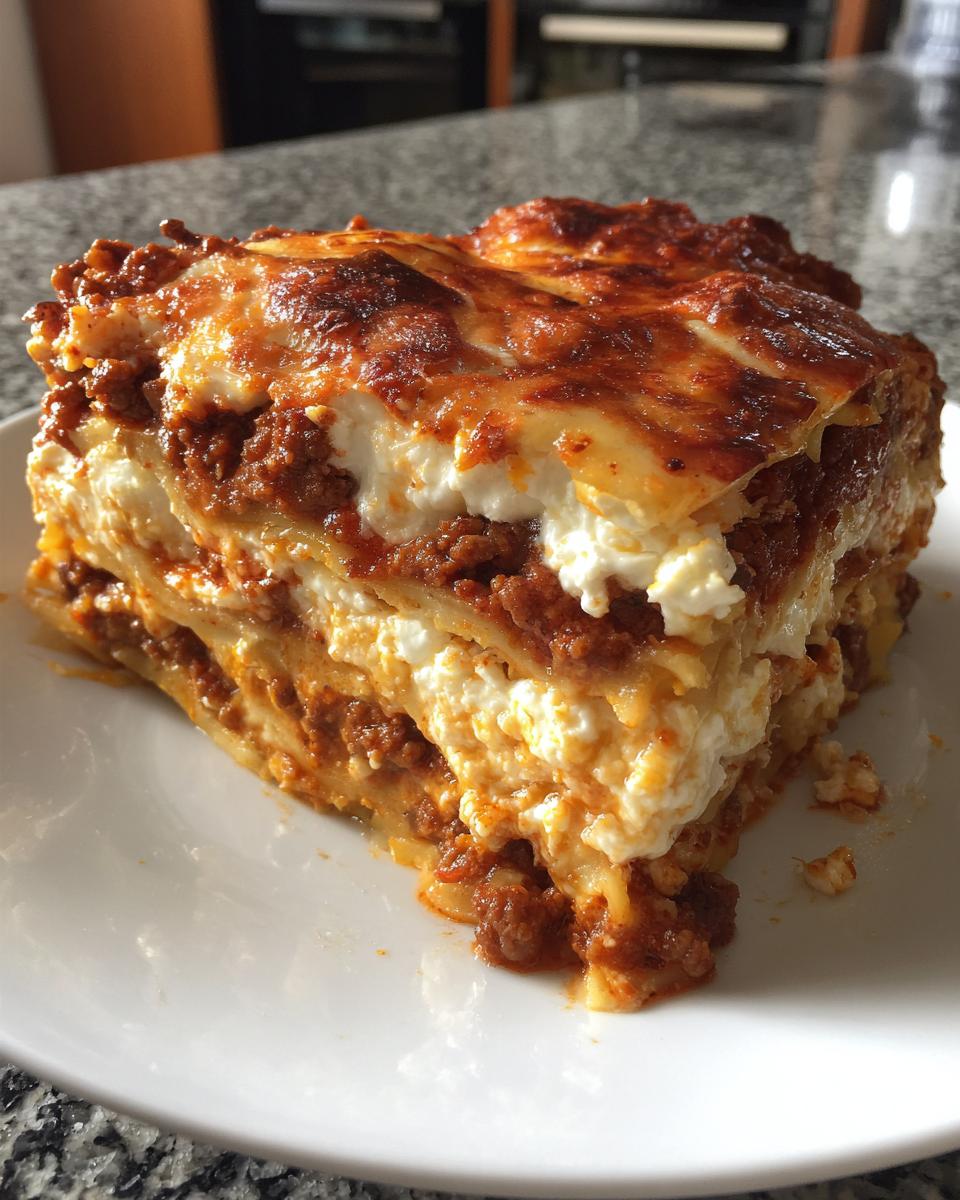 A thick, layered slice of Lasagna with Cottage Cheese showing rich meat sauce and creamy white cheese layers, baked to a golden brown.