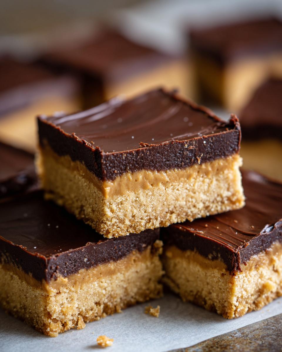 Close-up of three stacked peanut butter bars showing the crust, peanut butter filling, and thick chocolate topping.