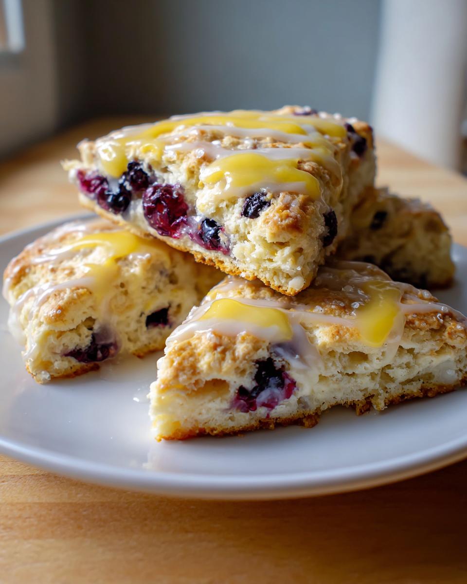Close-up of three stacked lemon blueberry scones drizzled with bright lemon glaze and coarse sugar.