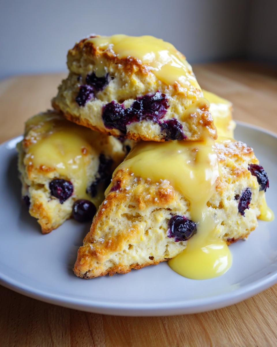 A stack of three delicious lemon blueberry scones generously drizzled with a bright yellow lemon glaze.