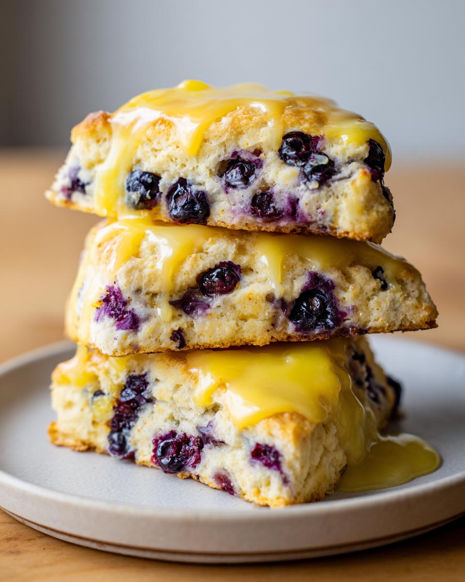 Three lemon blueberry scones stacked on a plate, generously drizzled with bright yellow lemon glaze.