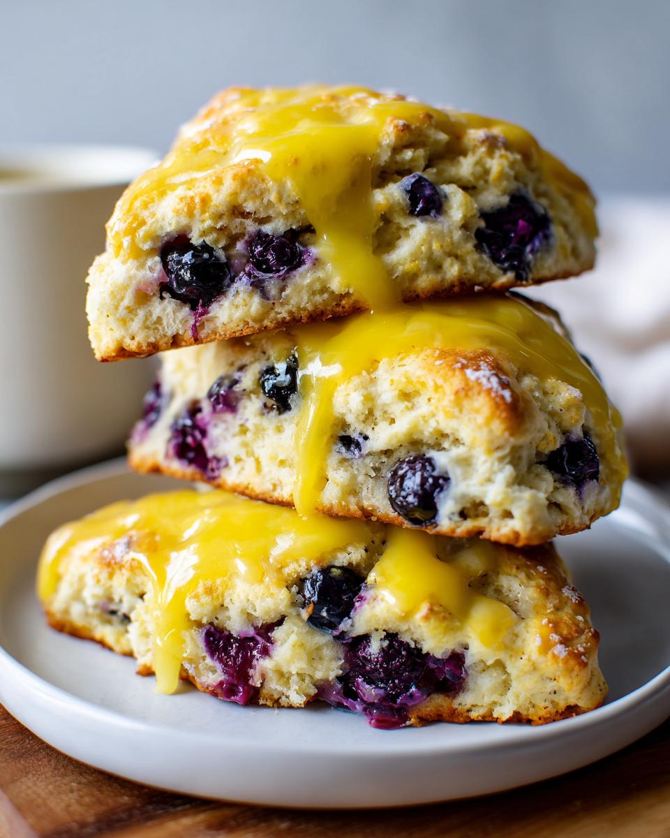 A stack of three delicious lemon blueberry scones drizzled generously with bright yellow lemon glaze.