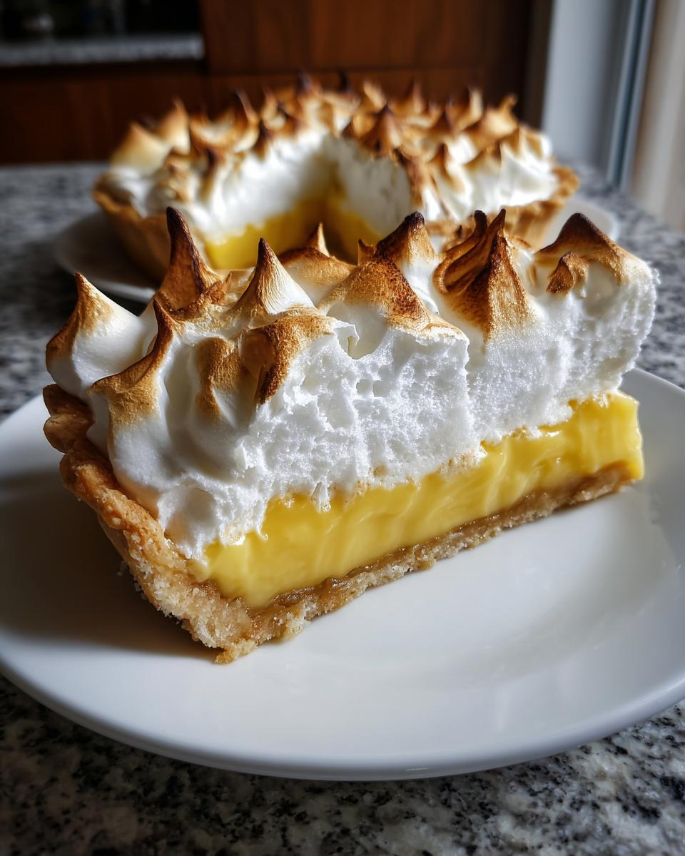 A close-up slice of amazing lemon meringue pie showing thick lemon curd and perfectly browned meringue peaks.