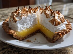 A cross-section view of a delicious lemon meringue pie showing the bright yellow filling and tall, toasted meringue peaks.