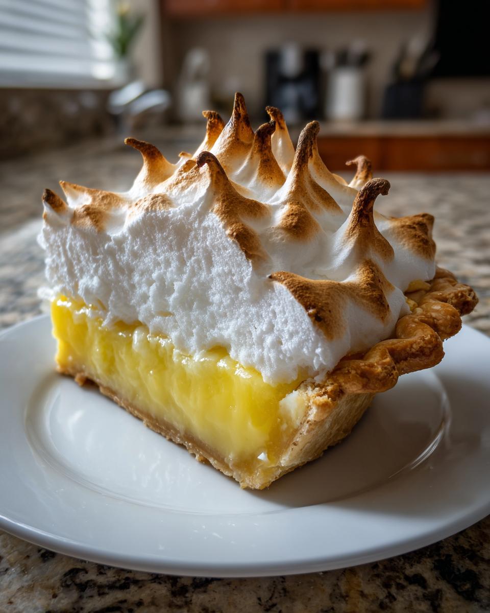 A perfect slice of lemon meringue pie showing thick, bright yellow filling and towering, toasted meringue peaks.