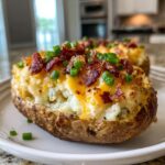 A close-up of a delicious twice-baked potato loaded with melted cheese, crispy bacon, and fresh chives.