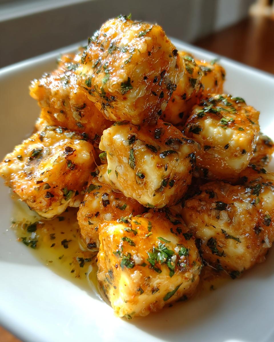 Close-up of cubes of marinated cheese glistening in herb-infused oil, ready to serve.