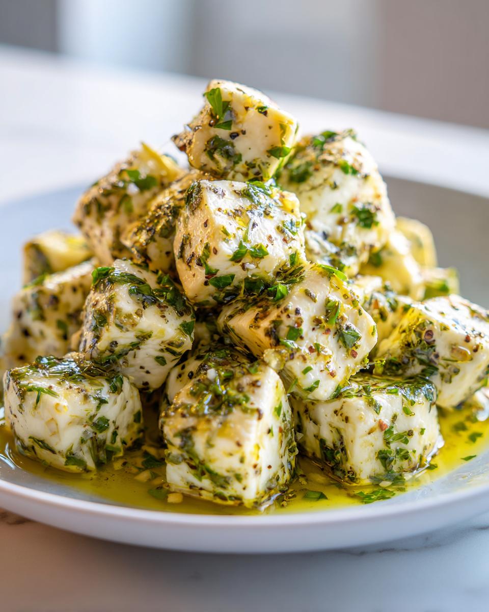 A pile of cubed marinated cheese coated in olive oil, garlic, and fresh green herbs.