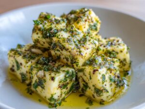 Close-up of several cubes of yellow cheese heavily coated in green herbs and spices, sitting in olive oil, showcasing marinated cheese.