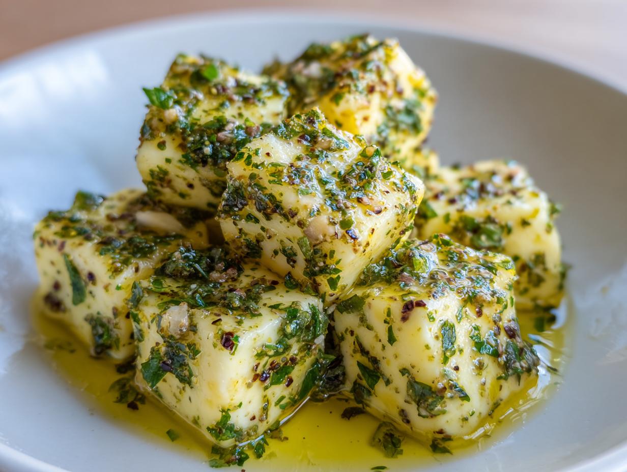 Close-up of several cubes of yellow cheese heavily coated in green herbs and spices, sitting in olive oil, showcasing marinated cheese.