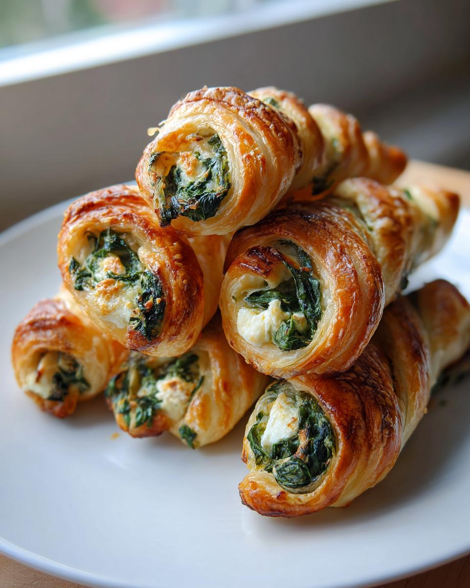 A stack of golden, flaky pastry rolls filled with spinach and feta cheese, representing Mediterranean Spinach and Feta Cheese Crisps.