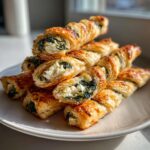 A stack of golden, flaky Mediterranean Spinach and Feta Cheese Crisps, showing the creamy feta and green spinach filling.