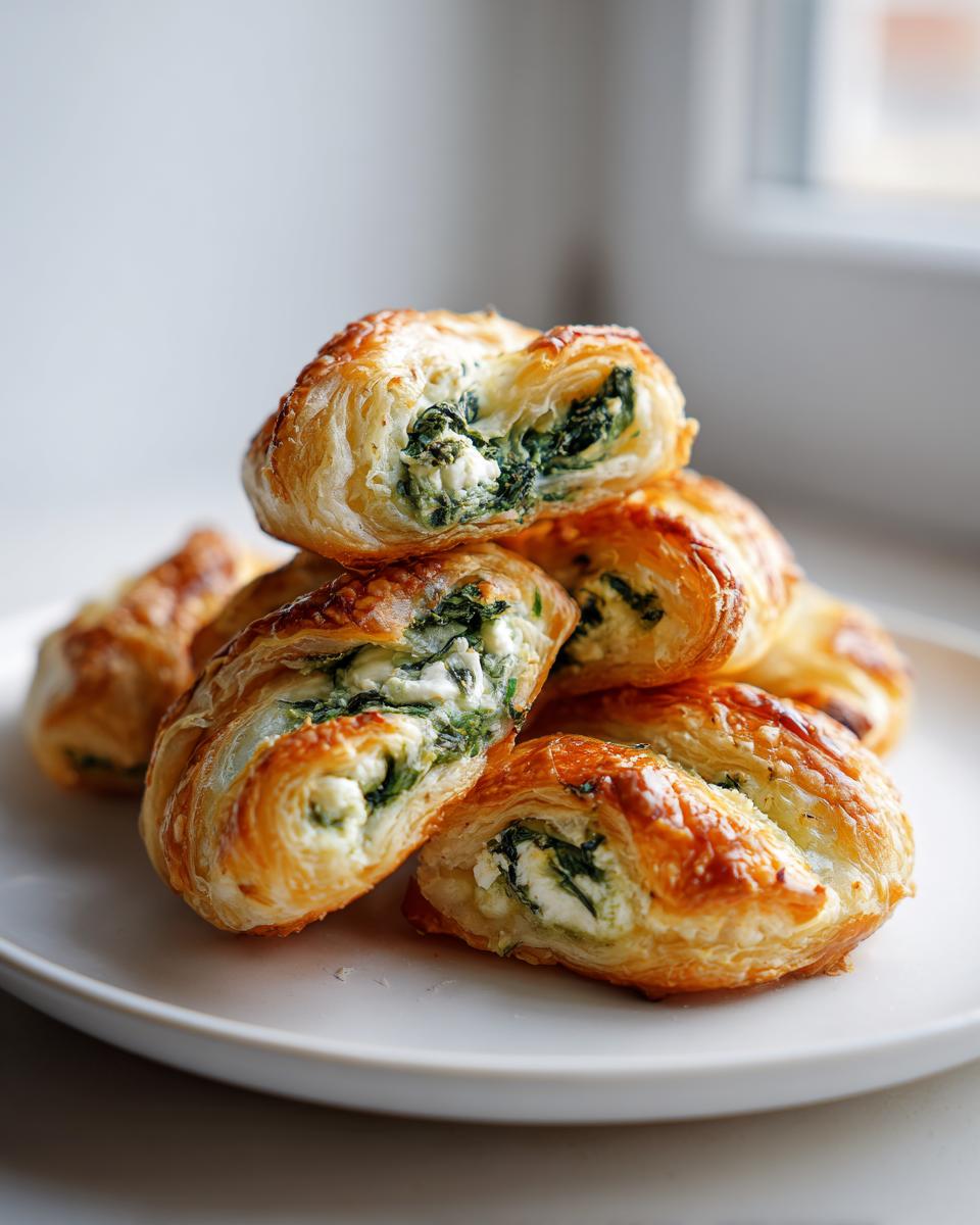 A stack of golden, flaky Mediterranean Spinach and Feta Cheese Crisps, one cut open showing the filling.