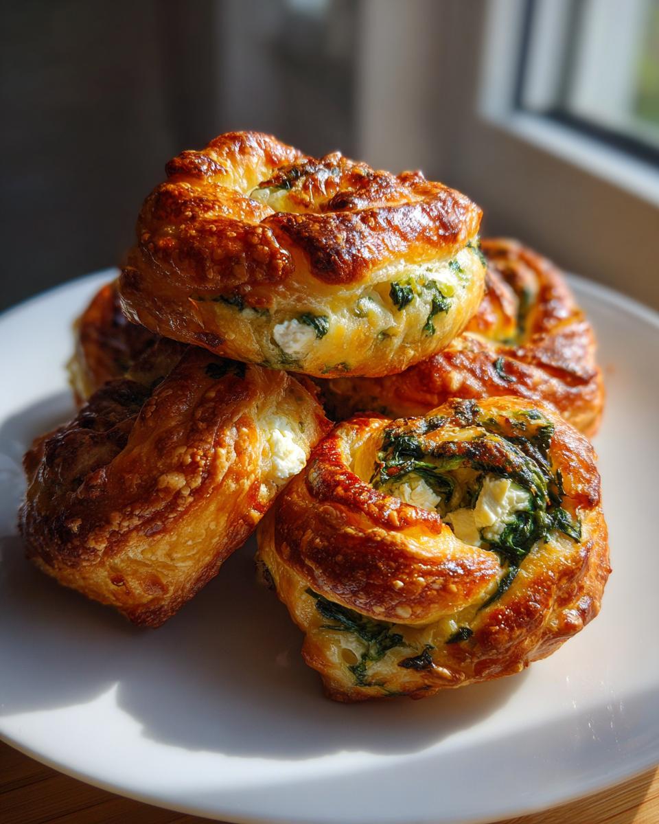 A stack of golden-brown, flaky Mediterranean Spinach and Feta Cheese Crisps on a white plate.