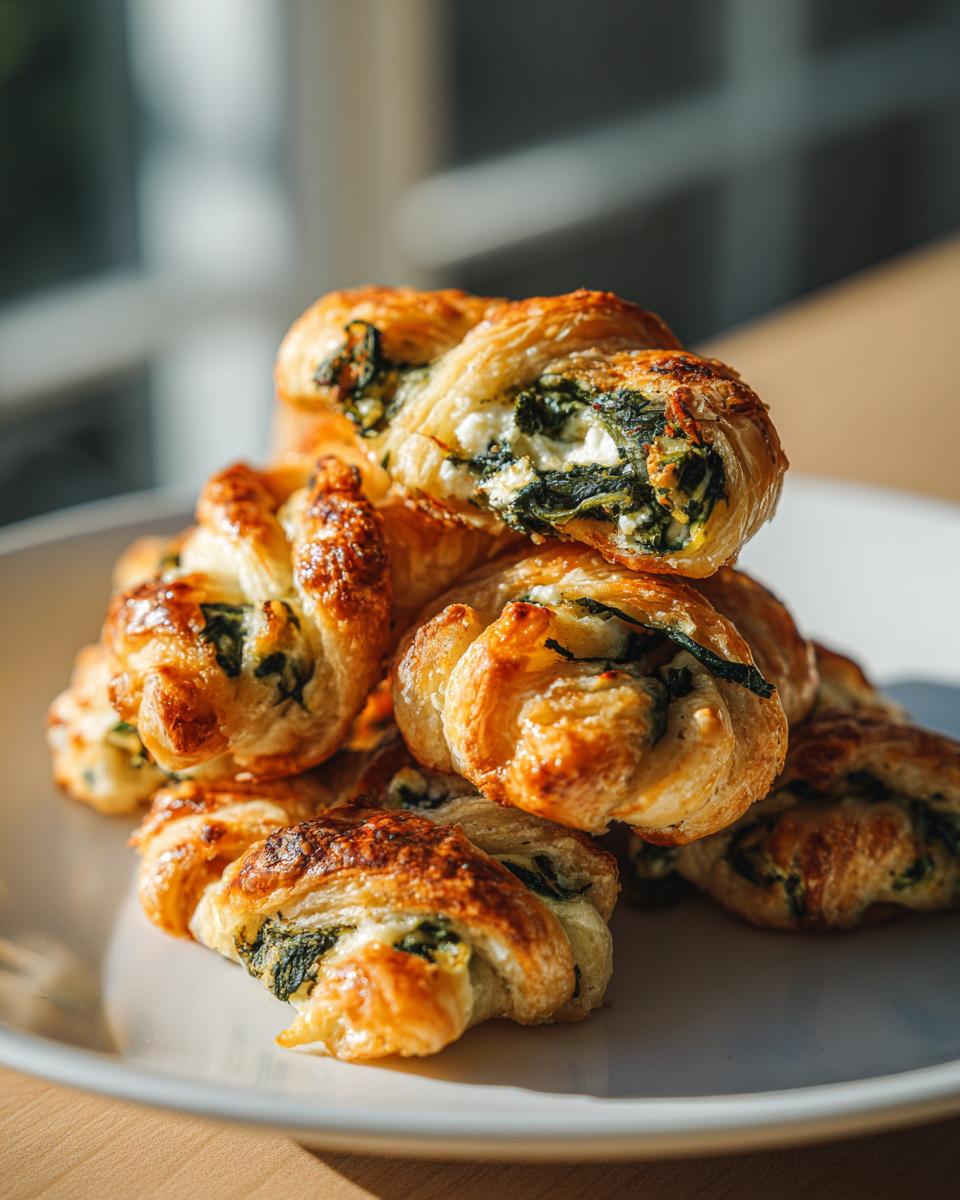 A stack of golden-brown Mediterranean Spinach and Feta Cheese Crisps on a white plate, showing flaky pastry and visible filling.
